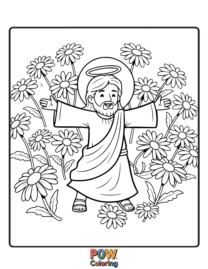 Free coloring page of Jesus is clapping along as a field of cheerful daisies performs a lively, synchronized dance for him.