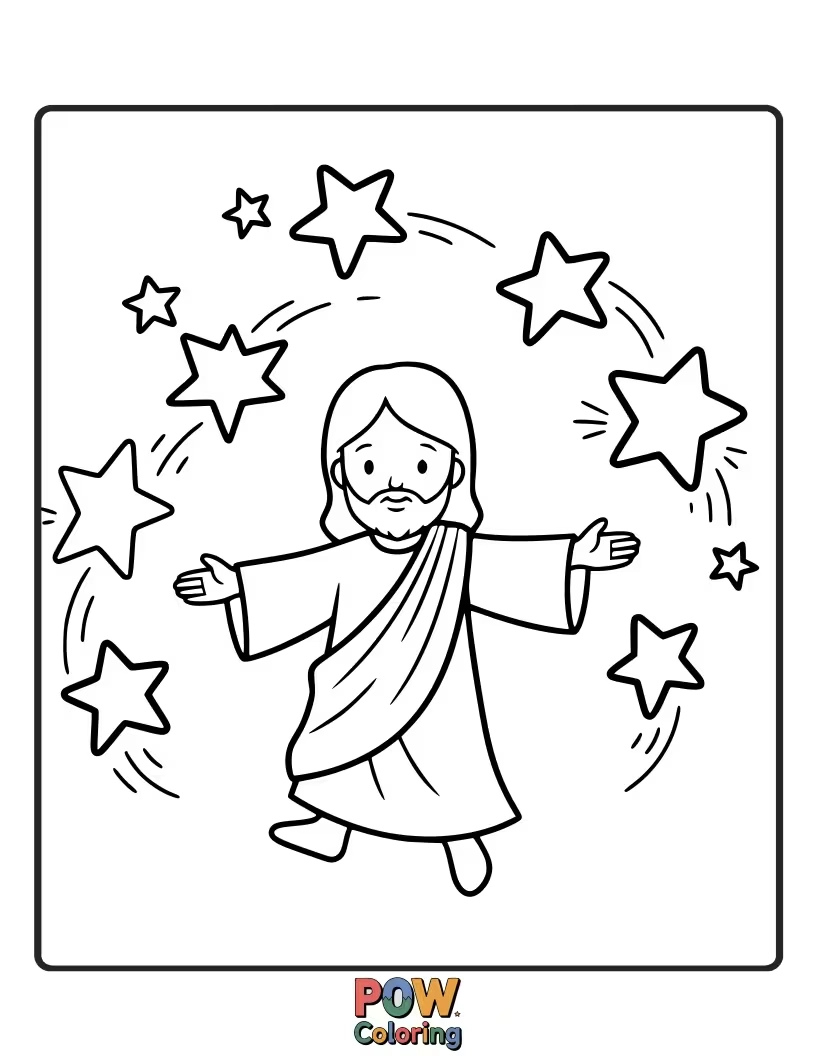 Free coloring page of Jesus is doing a joyful jig with a group of tiny, twinkling stars that are twirling around him.