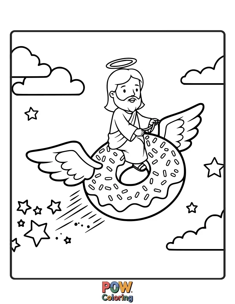Free coloring page of Jesus is chasing after a giant, magically floating donut that’s just out of reach, looking comically determined.