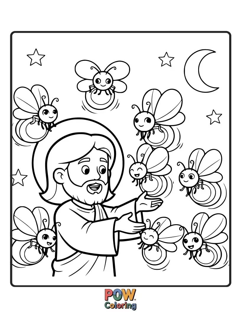 Free coloring page of Jesus is surrounded by a swarm of friendly fireflies that are lighting up in playful patterns around him.