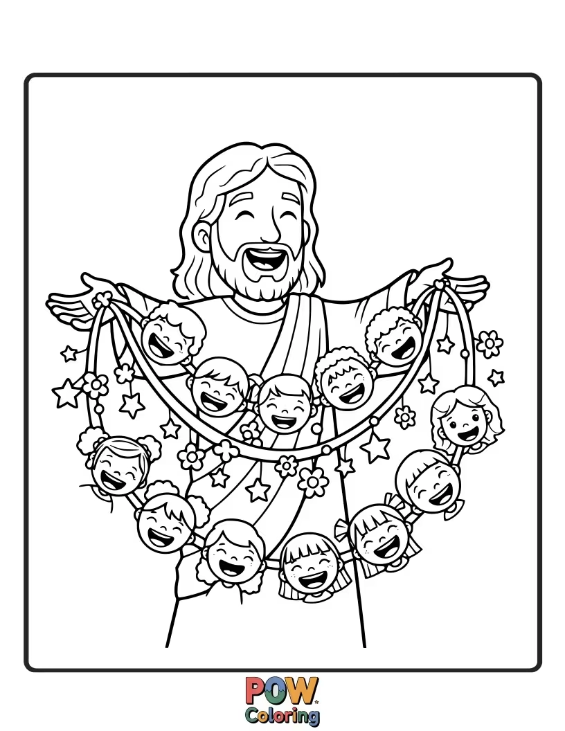 Free coloring page of Jesus is playfully decorating a tree with a garland made of laughing little fruit characters.