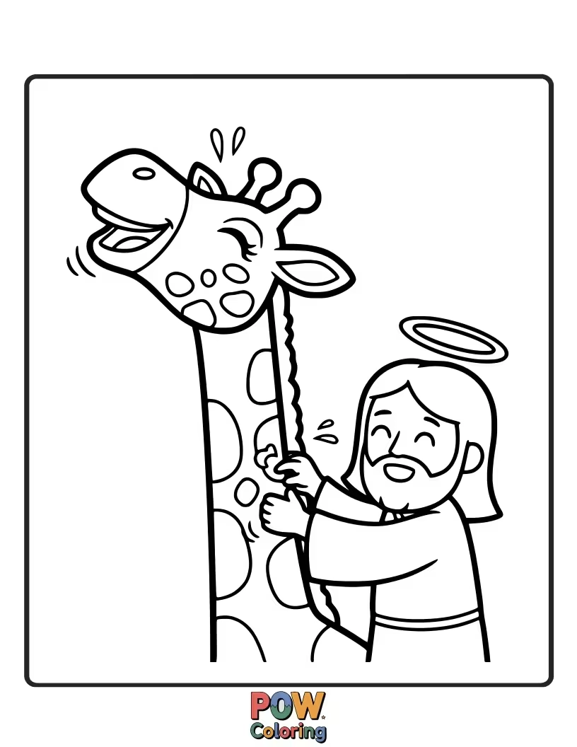 Free coloring page of Jesus is sharing a funny story with a tall, elegant giraffe whose long neck is bent in laughter.