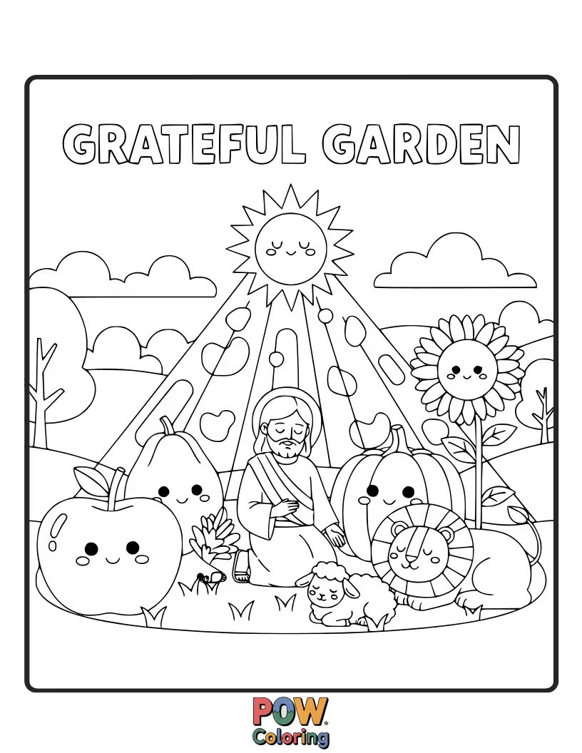 Free coloring page of Jesus is surrounded by plants that have happy faces, looking up at him with gratitude for the sunshine.