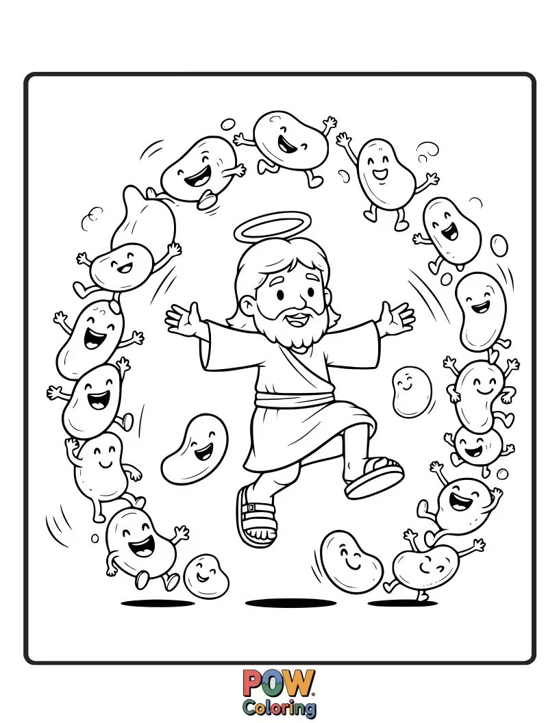 Free coloring page of Jesus is surrounded by a cascade of colorful, jumping jellybeans that are bouncing all around him like confetti.