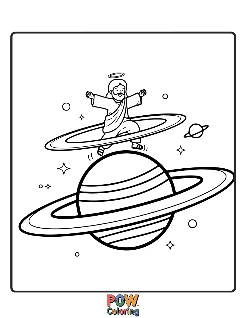 Free coloring page of Jesus is looking up with amazement at a friendly planet Jupiter that’s doing a happy bounce.