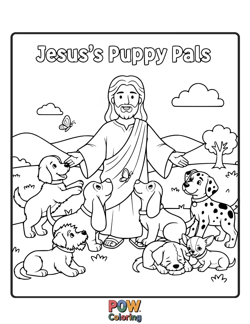 Free coloring page of Jesus is playfully juggling several adorable, bouncy puppies, each with a tiny halo that keeps slipping over their eyes.