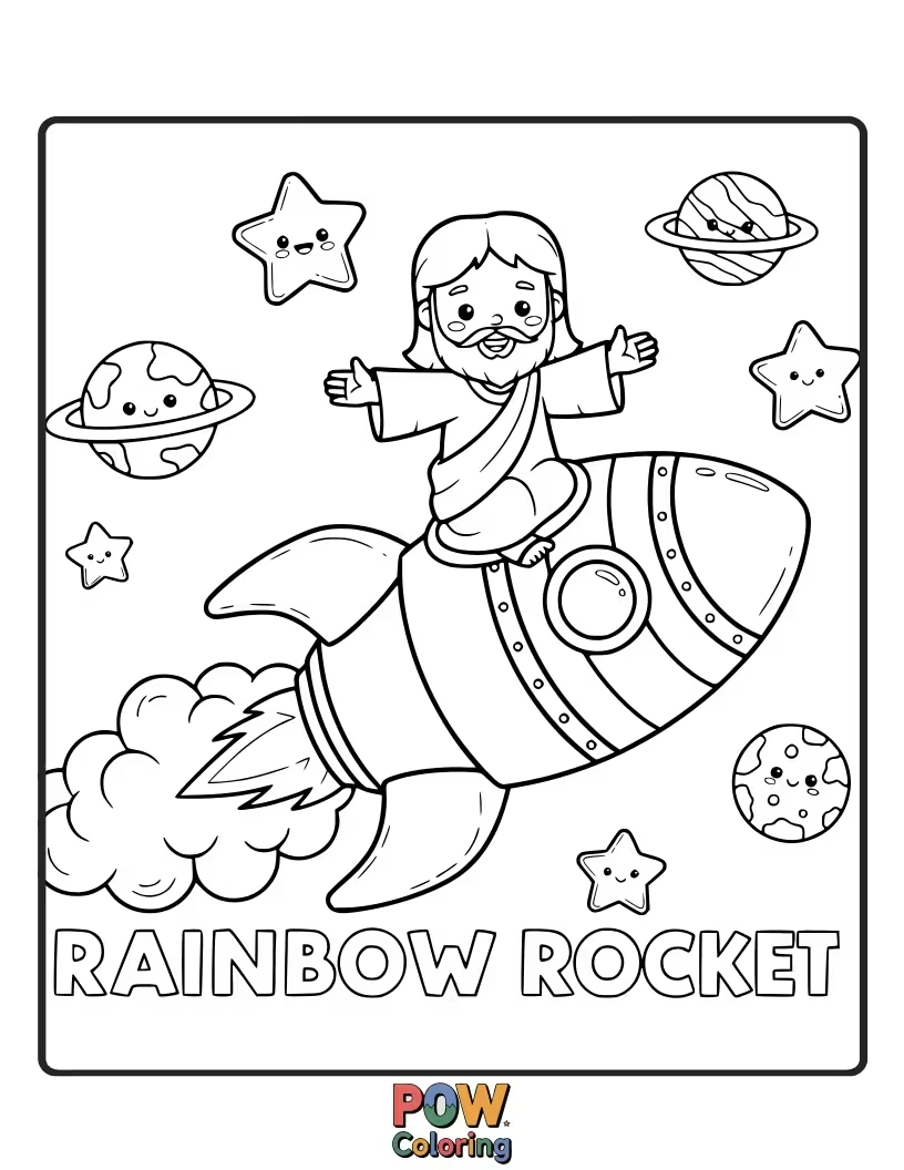 Free coloring page of Jesus is piloting a fun, rainbow-colored rocket ship, waving goodbye to Earth with a cheerful grin.