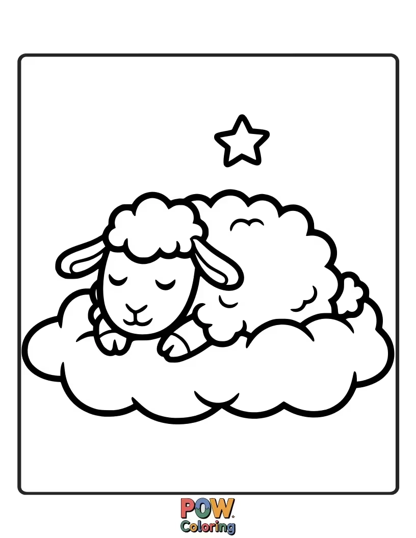 Free coloring page of Jesus is attempting to read a book while a flock of fluffy sheep are all snuggled up, fast asleep on him, snoring softly.