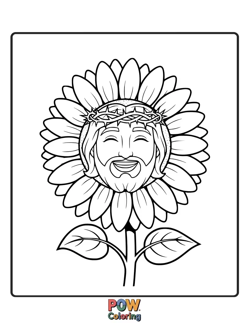 Free coloring page of Jesus is sharing a warm conversation with a giant, happy sunflower that’s beaming back at him.