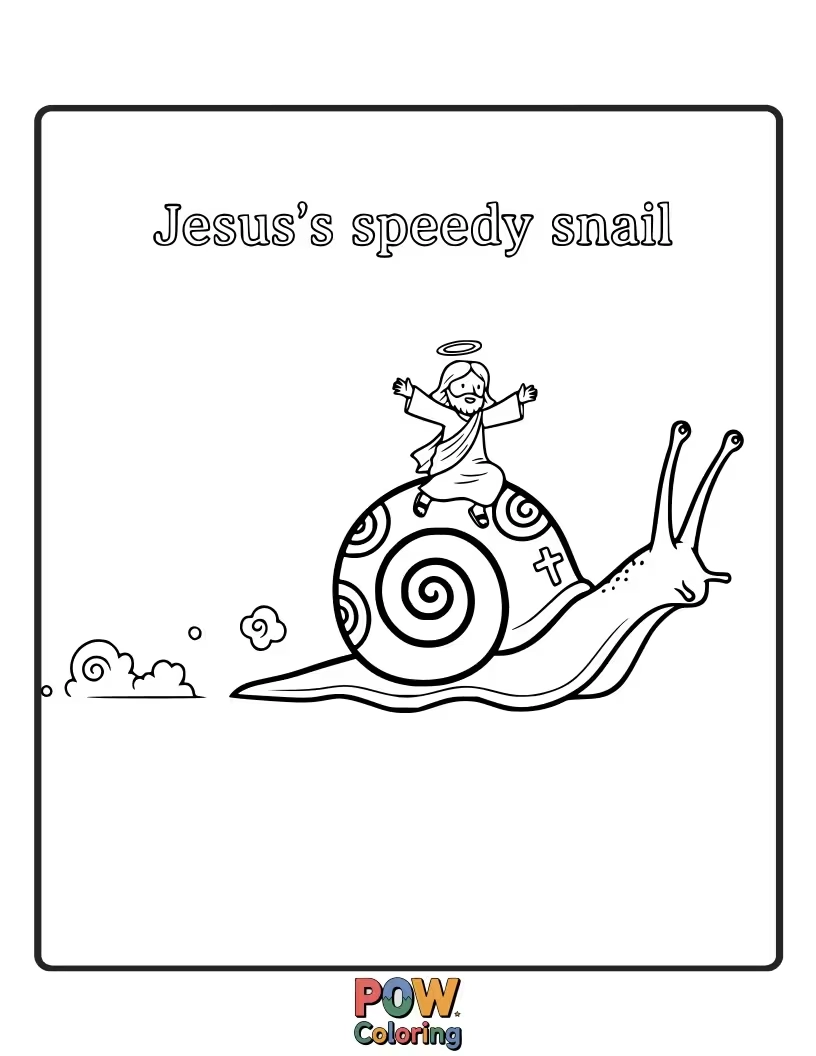Free coloring page of Jesus is giving a little snail a friendly pat on the shell, as if they’re going on an adventure together.