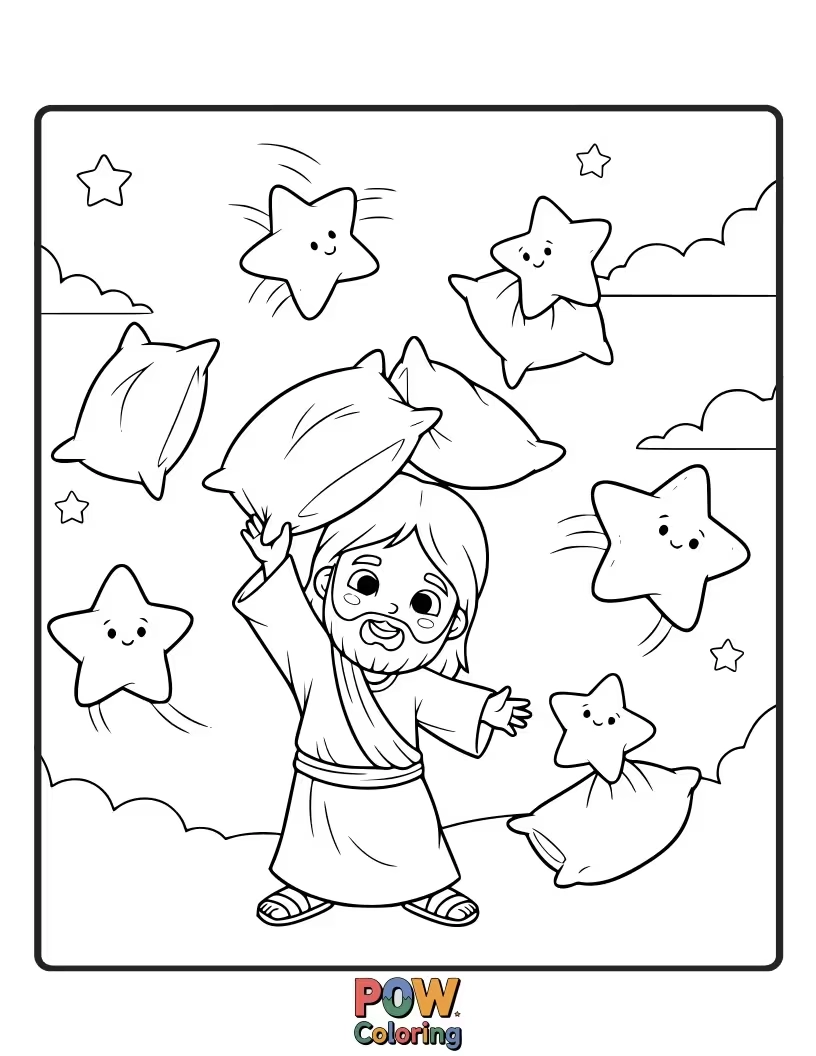 Free coloring page of Jesus is having a lighthearted pillow fight with little starry clouds, tossing soft puffs of celestial fluff.