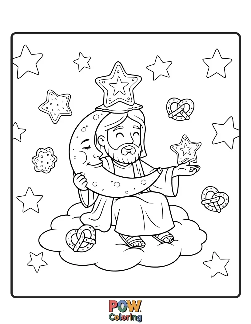 Free coloring page of Jesus is sharing a cosmic pizza with friendly aliens, each slice shaped like a tiny star and glowing with stardust.