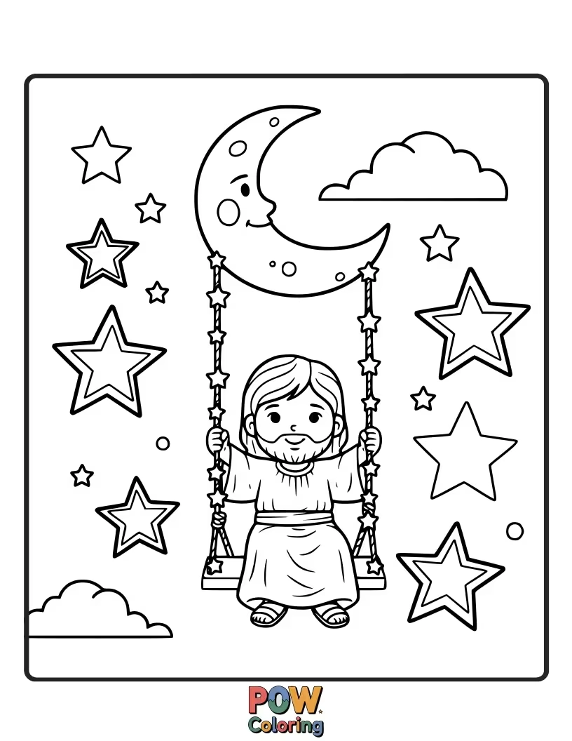Free coloring page of Jesus is having a delightful time on a swing made of starlight, soaring high into the night sky.