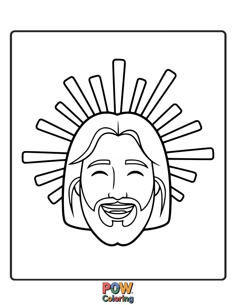 Free coloring page of Jesus is beaming with such a bright, infectious smile that sunbeams are playfully dancing around his head.