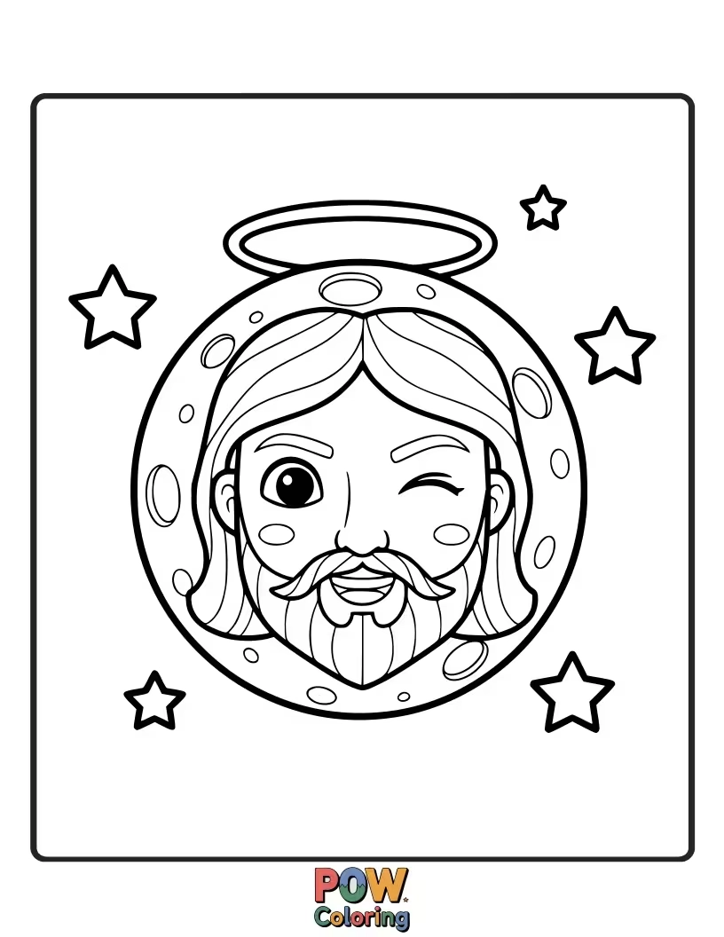 Free coloring page of Jesus is sharing a secret with a big, friendly moon that’s winking back at him with a mischievous grin.