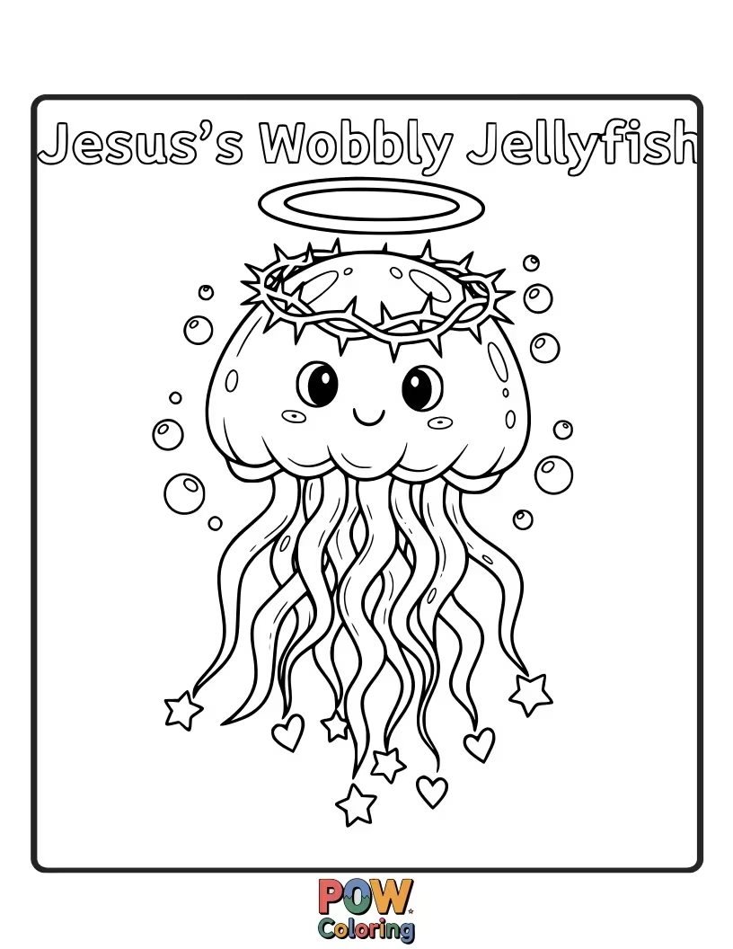 Free coloring page of Jesus is gently nudging a cute, wobbly jellyfish that’s floating by, smiling a friendly greeting.
