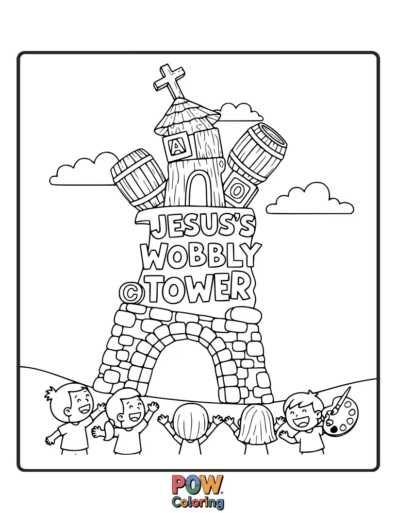 Free coloring page of Jesus is building a tall, precarious tower of colorful blocks, looking slightly concerned but still smiling.