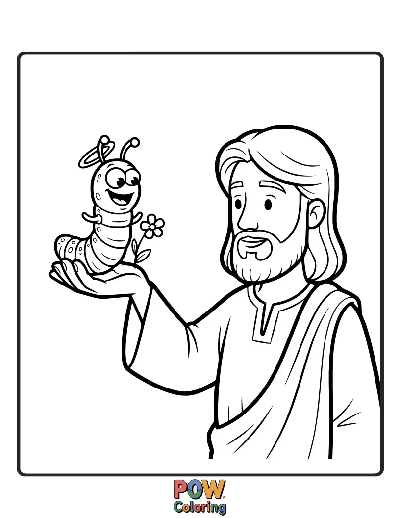 Free coloring page of Jesus is gently helping a little, wiggly worm find its way, with both of them sporting big smiles.