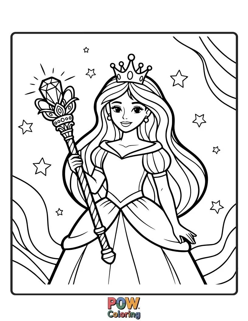 Free coloring page of A majestic princess holding a shimmering, jeweled scepter, symbolizing her royal power.