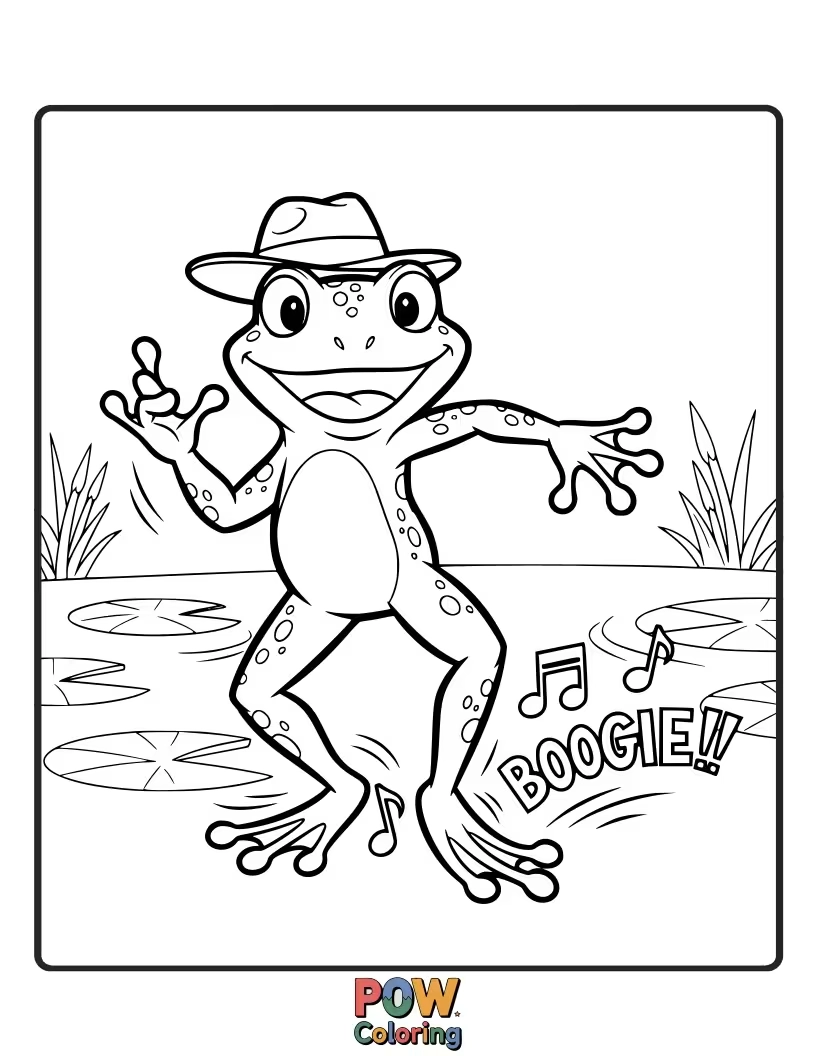 Free coloring page of This cool frog is busting some serious moves on a disco floor, complete with groovy music notes. Get ready to color this amphibian dancer!