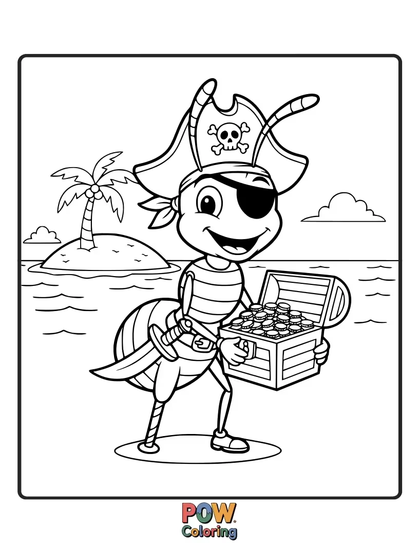 Free coloring page of A tiny, determined ant pirate marching with a crumb, looking for a grand adventure.