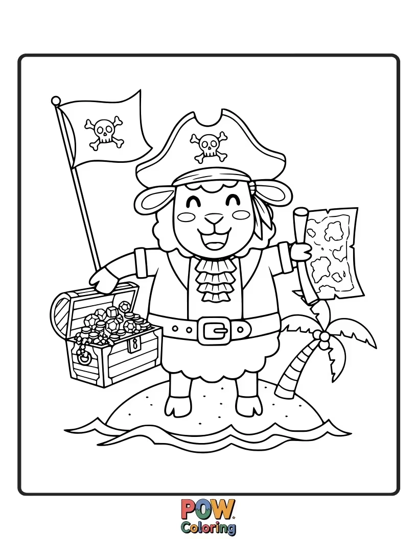 Free coloring page of A fluffy sheep pirate with a woolly beard, happily bleating amongst a pile of yarn.