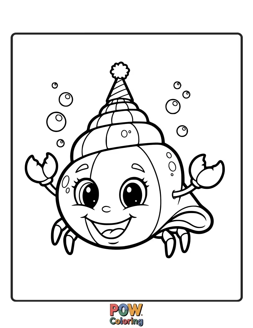Free coloring page of A cheerful seashell with big, friendly eyes and a wide smile, holding a little starfish pal.