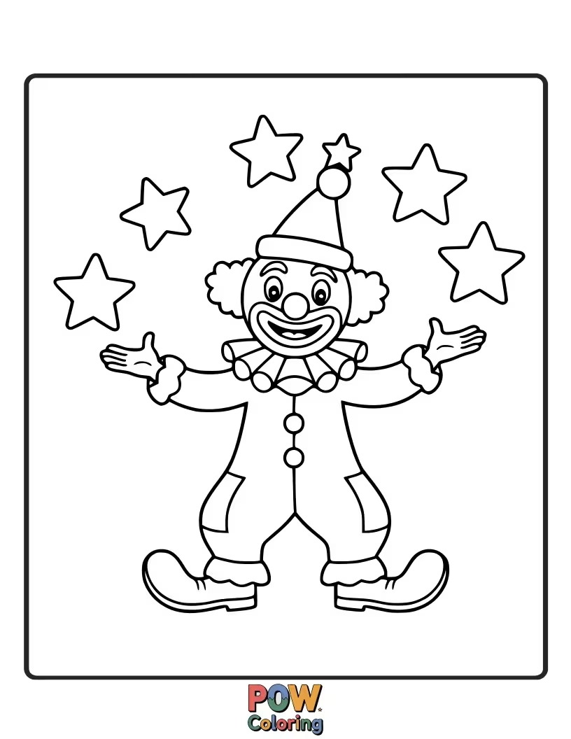 Free coloring page of This happy clown is juggling sparkling stars, creating a magical, celestial scene to bring to life.