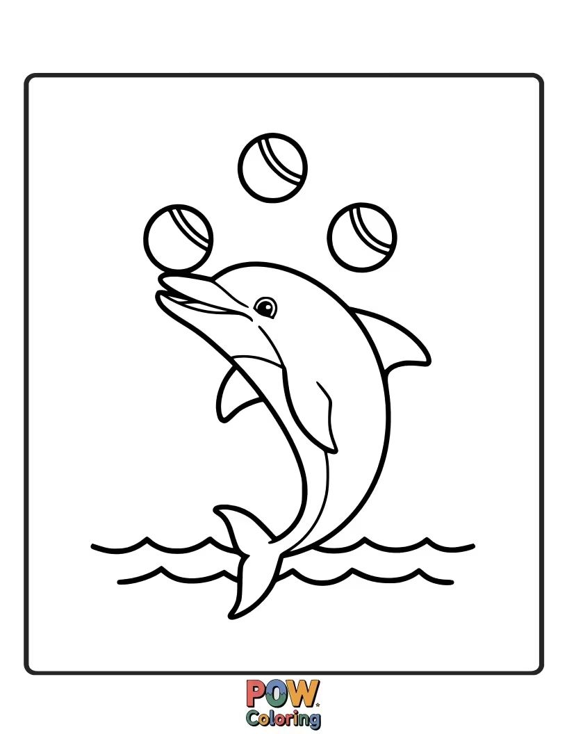 Free coloring page of A talented dolphin showing off its skills by juggling multiple colorful balls.