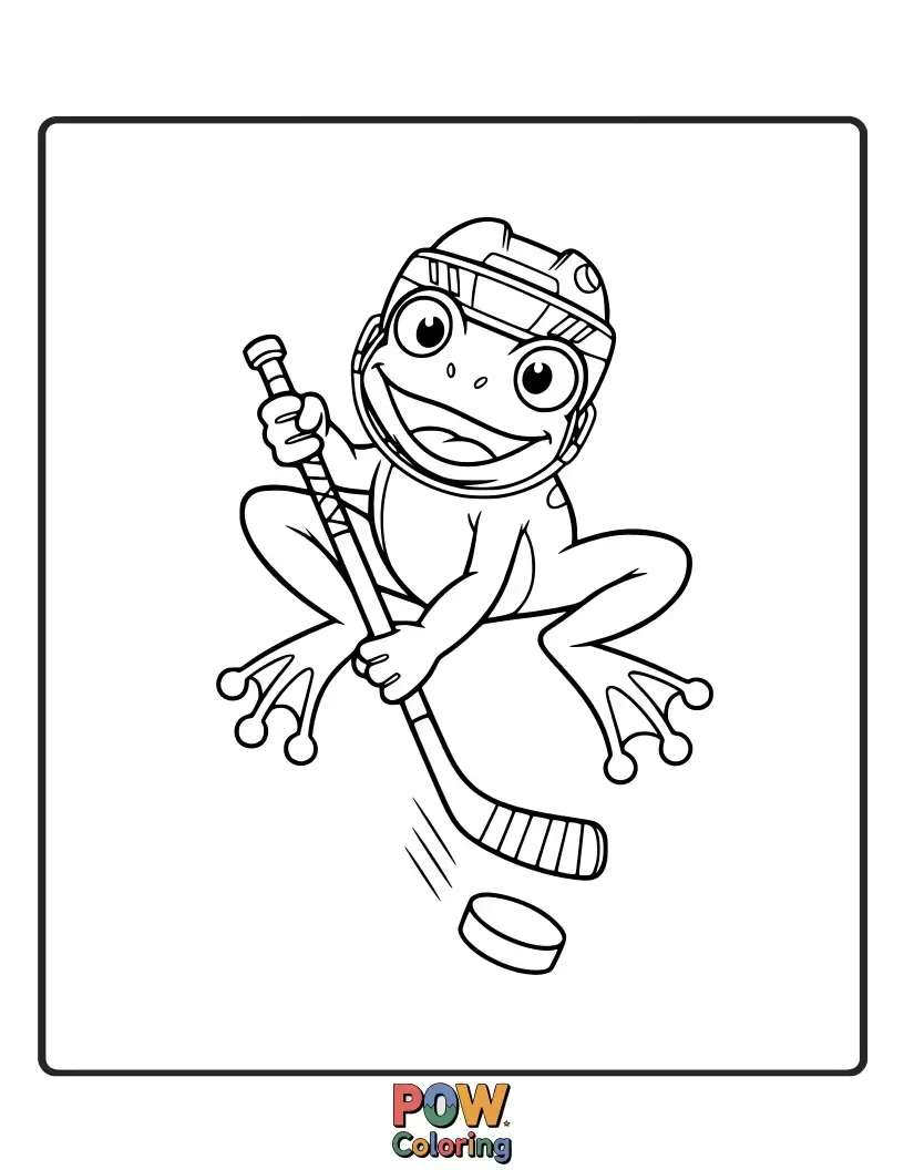 Free coloring page of An energetic frog leaps across the ice in tiny hockey skates, stick in hand, aiming for a fly-shaped puck. Ribbiting action!