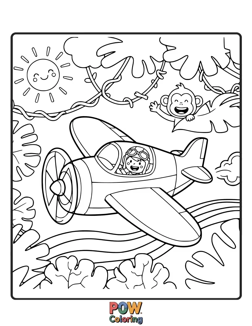 Free coloring page of A brave airplane explores a lush jungle, with friendly monkeys swinging from vines and parrots perched on its wings.