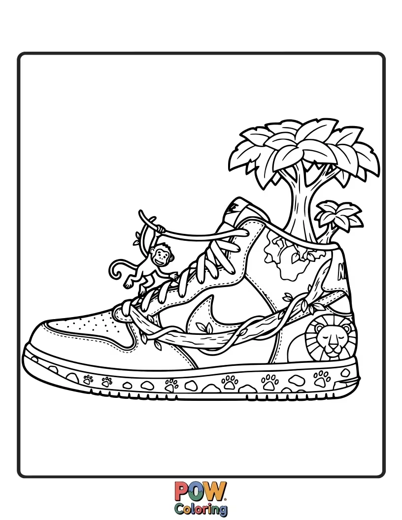 Free coloring page of Embark on a wild journey with this Nike shoe surrounded by playful monkeys and lush jungle foliage.