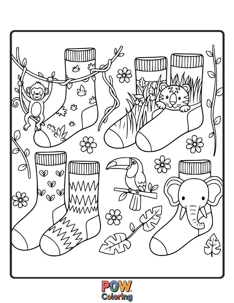 Free coloring page of Roar with excitement! These socks are ready for an adventure with friendly lions, monkeys, and lush jungle leaves.