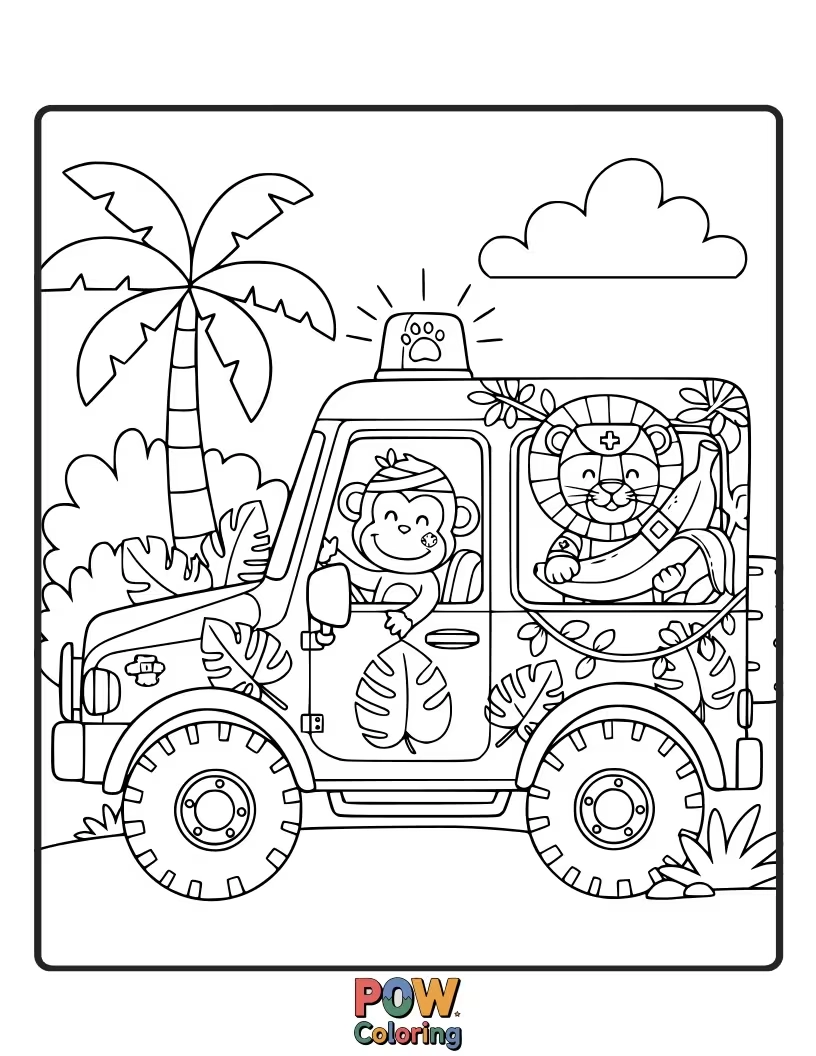 Free coloring page of A playful ambulance adorned with jungle vines and friendly animal passengers like monkeys and toucans.