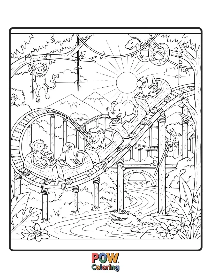 Free coloring page of Venture deep into the jungle on this unique roller coaster, encountering exotic birds and lush foliage.