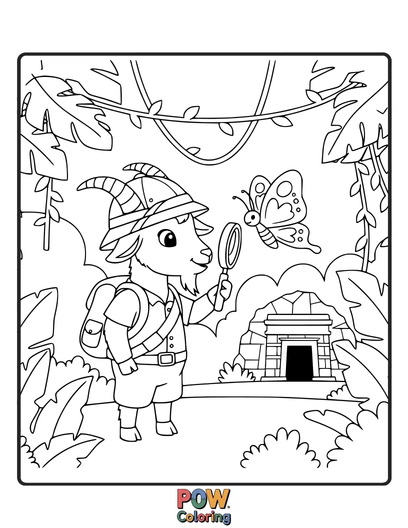 Free coloring page of An adventurous goat wearing a pith helmet, swinging on a vine through a lush jungle with exotic plants.