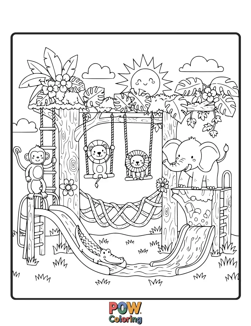 Free coloring page of Monkeys and other jungle animals swinging, climbing, and tumbling through a lush, vine-filled gym.