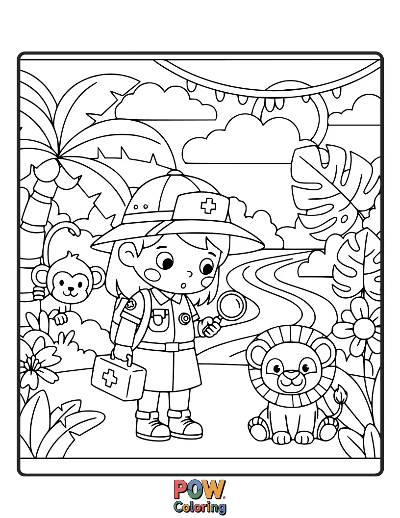 Free coloring page of An adventurous nurse deep in the jungle, using a vine stethoscope and treating a friendly animal patient.