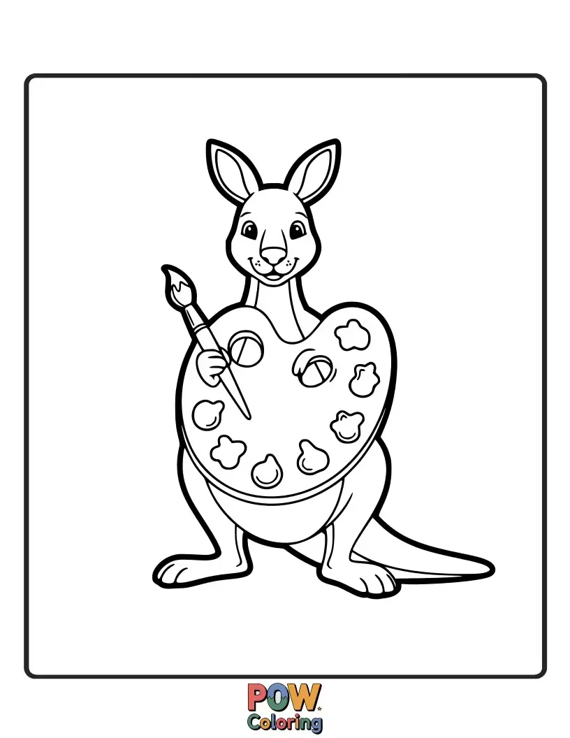 Free coloring page of A creative kangaroo artist, splattered with paint, holding a paintbrush and palette.