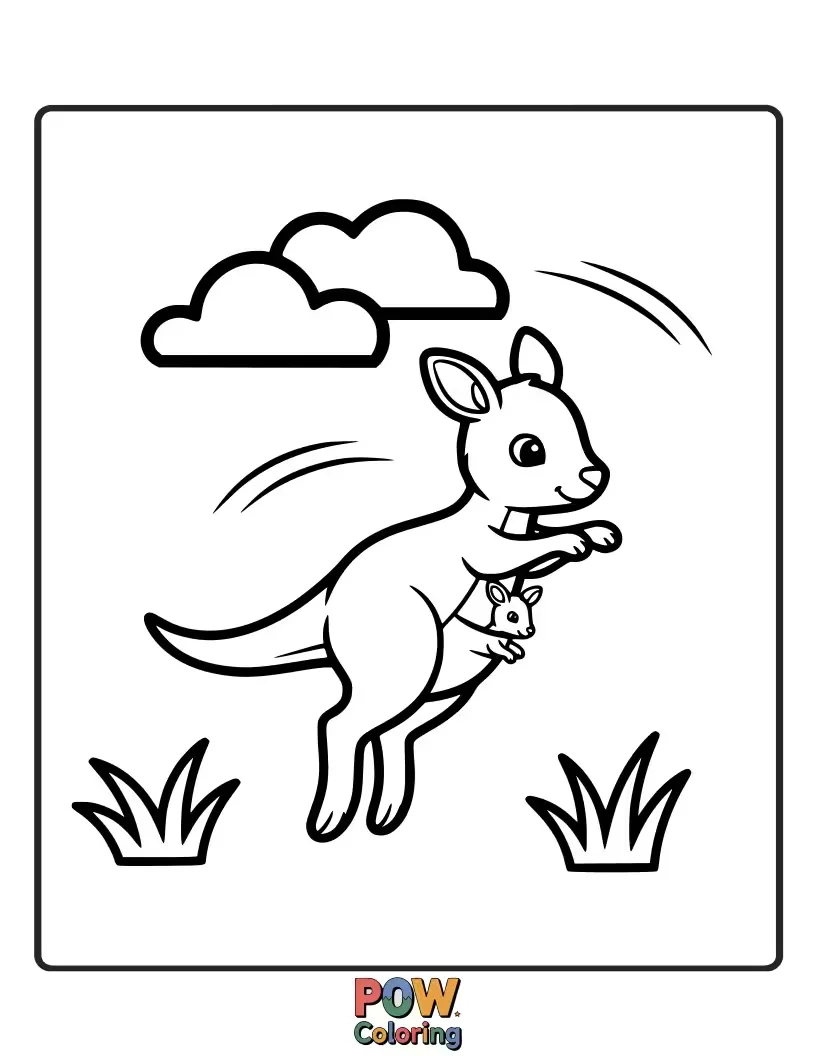 Free coloring page of A baby kangaroo peeking out of its mother's pouch, ready for a big hop. Whimsical and culinary-themed fun.