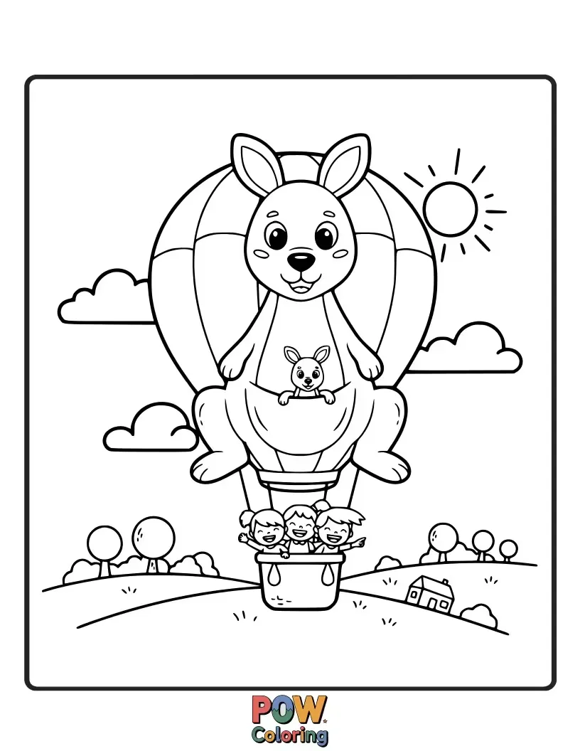 Free coloring page of A kangaroo joyfully floating upwards, holding onto a bunch of colorful balloons.