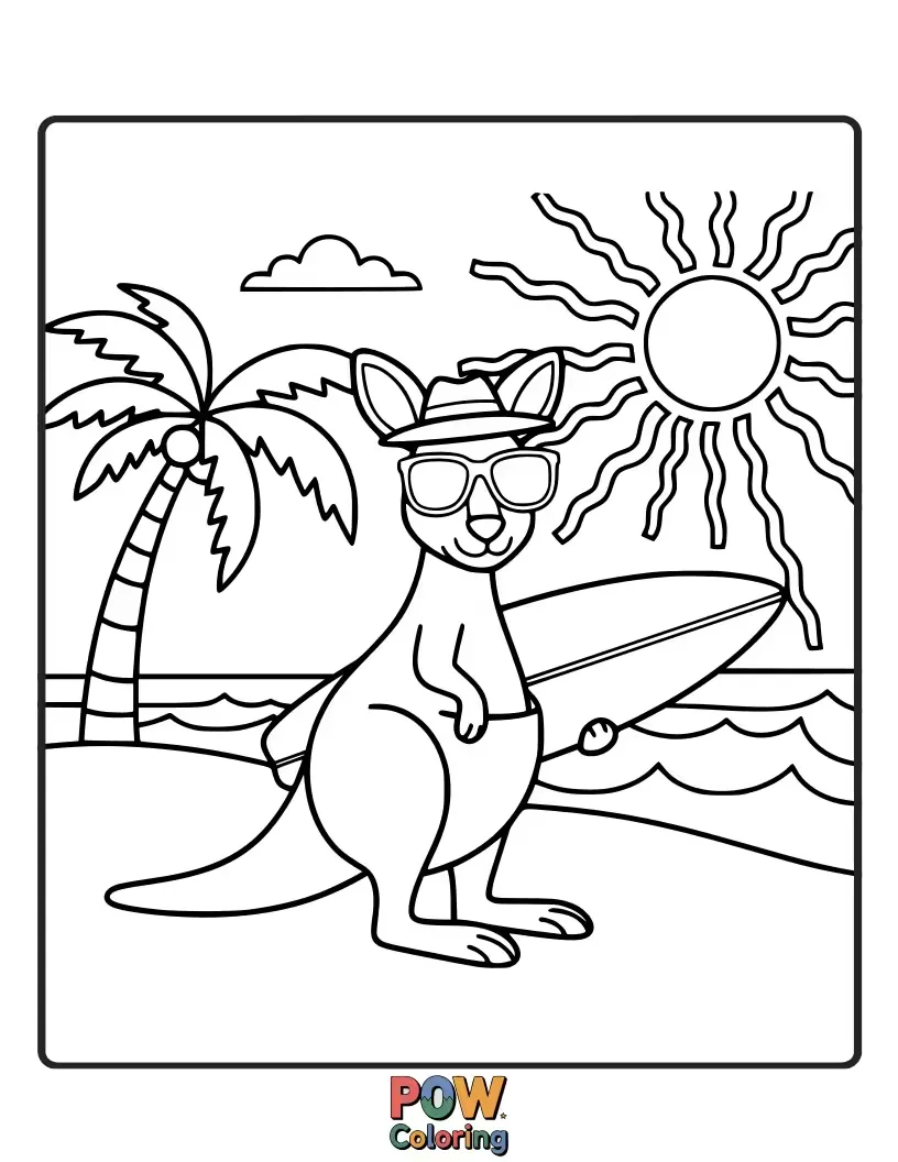 Free coloring page of A cheerful kangaroo building a sandcastle on a sunny beach.