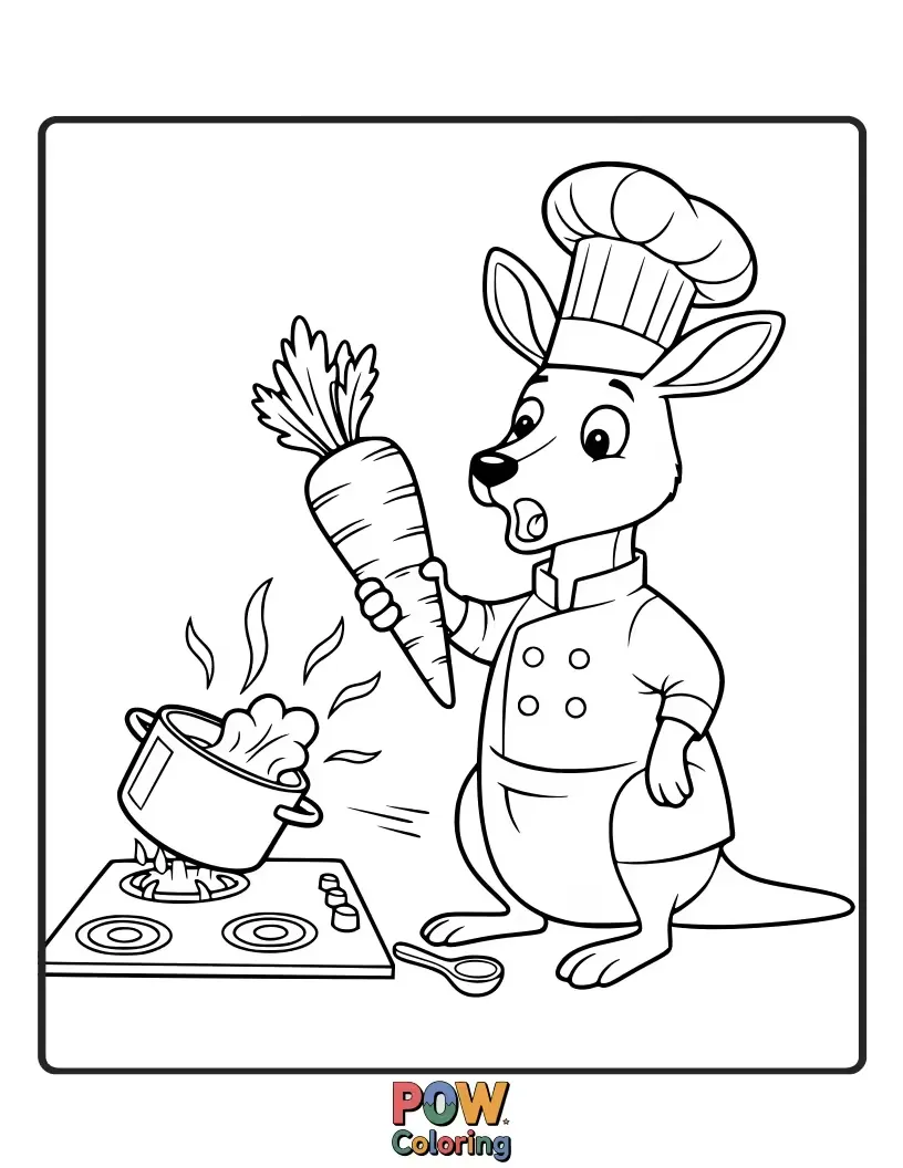 Free coloring page of A kangaroo in a chef's hat joyfully holding a giant carrot.