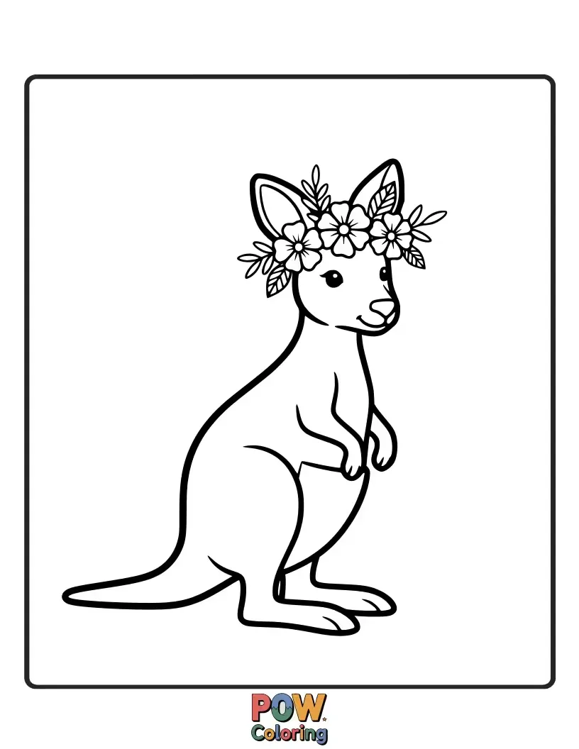 Free coloring page of A beautiful kangaroo adorned with a delicate flower crown, smelling a daisy.