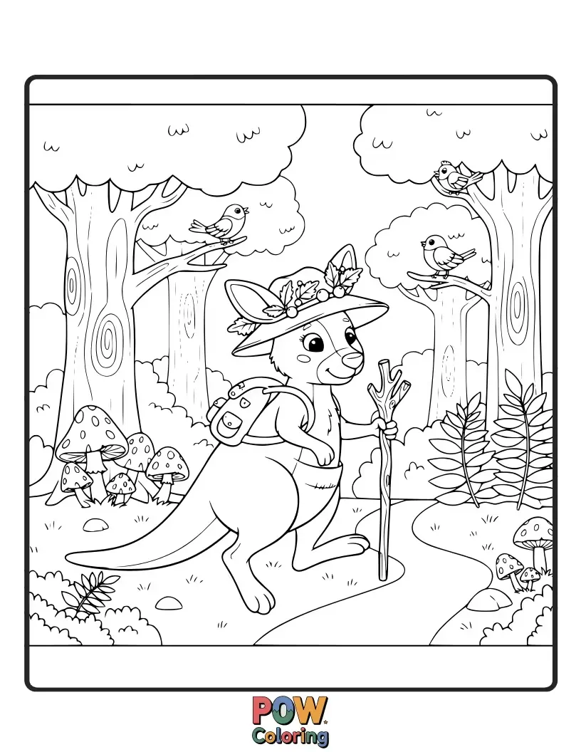 Free coloring page of A curious kangaroo exploring a lush, green forest filled with interesting plants.