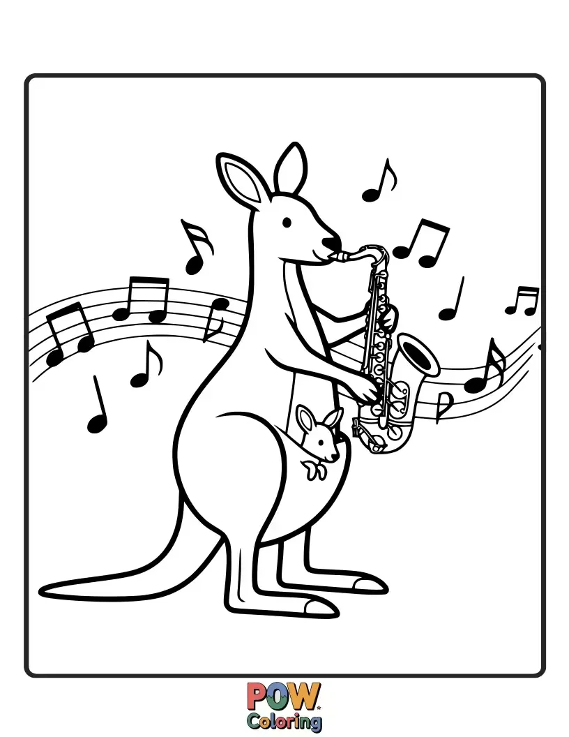 Free coloring page of A kangaroo playing a didgeridoo with a cheerful expression.