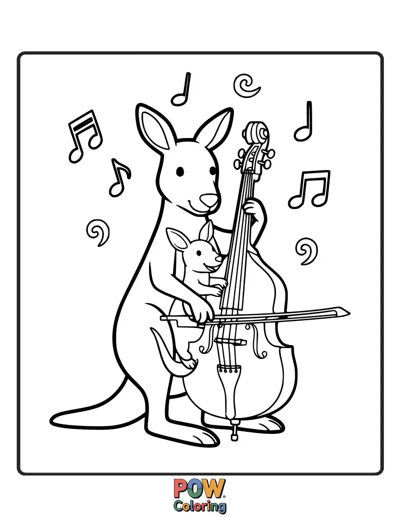 Free coloring page of A kangaroo happily playing a ukulele with a beaming smile.