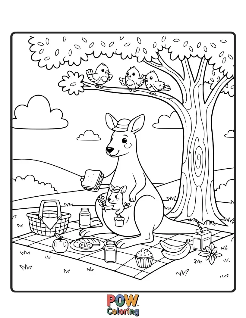 Free coloring page of A kangaroo enjoying a picnic with a basket full of goodies and a checkered blanket.