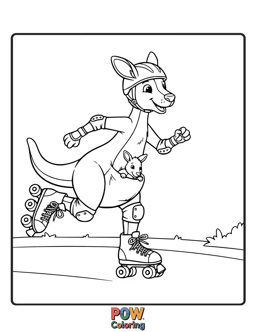 Free coloring page of A dynamic kangaroo confidently roller skating, leaving a trail of sparkles.