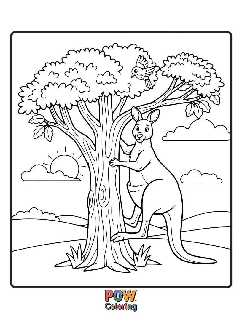 Free coloring page of A nimble kangaroo skillfully climbing a tall eucalyptus tree.